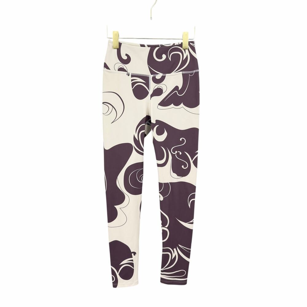 Noli Sz S Wine Cream Abstract Print Mock Neck Crop Top Yoga Barre Legging Set - Picture 5 of 11